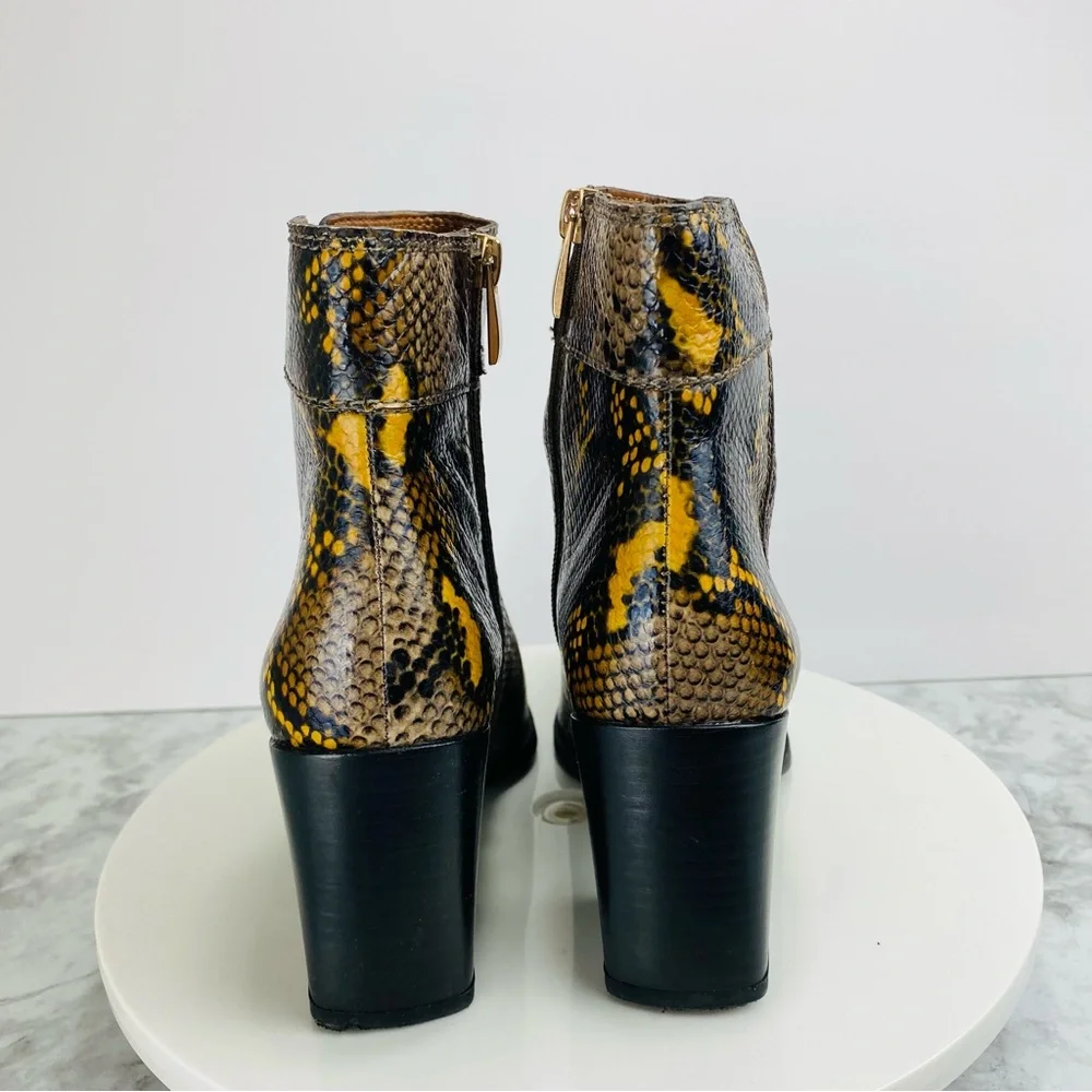 Franco Sarto Leather Ankle Boots 6.5 Lizzard Brown Yellow Zip Block‎ Heel Square